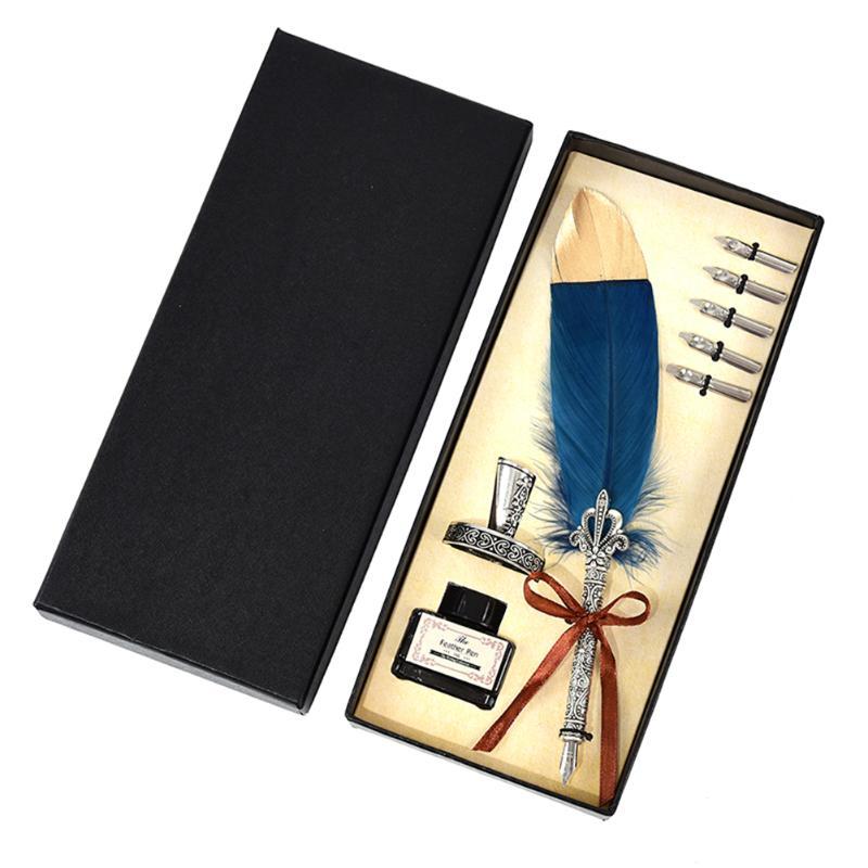 Vintage Calligraphy Feather Quill Writing Ink Set - NAVY BLUE w/GOLD TIP Vintage Calligraphy Feather Quill Writing Ink Set - NAVY BLUE w/GOLD TIP